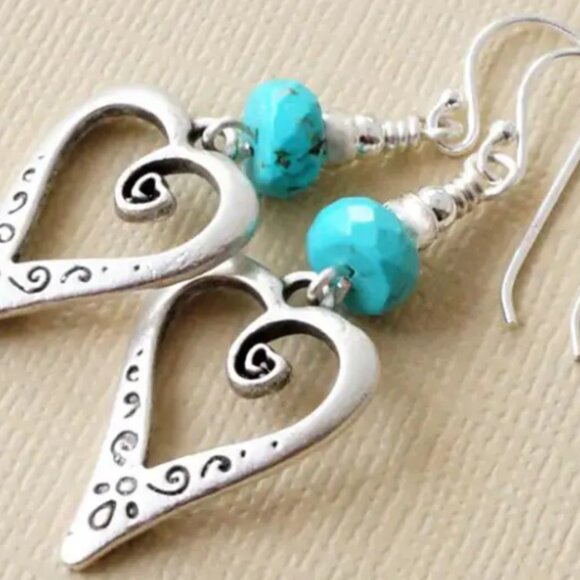 Boho Southwestern Style Turquoise Earrings Heart Shape Drop Earrings - Picture 2 of 3